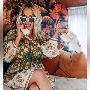 Elan Athena Floral Boho Festival Mini Dress Jade Monterey 100% Cotton Sz Large